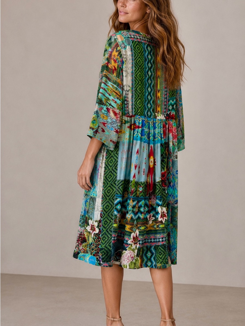 Johnny Was Nelsona Silk Teal, Green & Blue Patchwork Floral Midi Dress - Picture 2 of 11